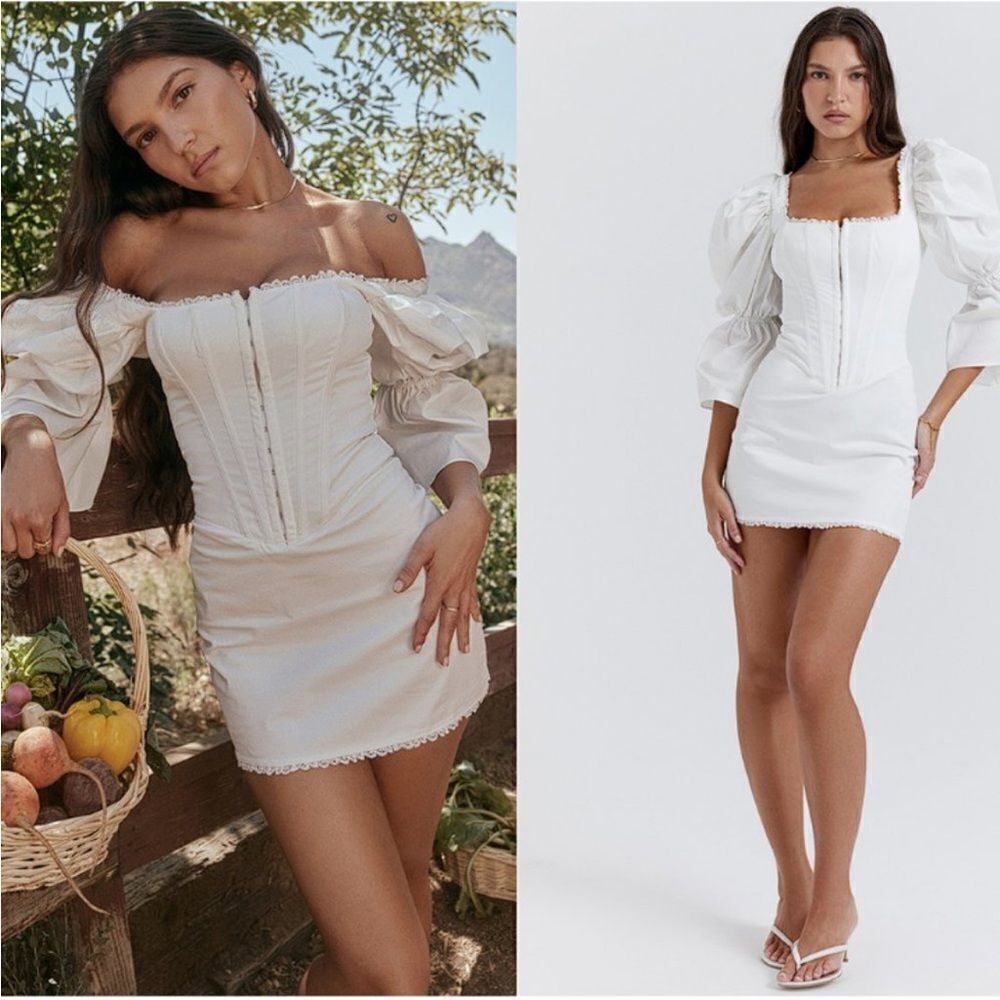 House of CB Matilda White puff Sleeve Corset Dress New Retails 239